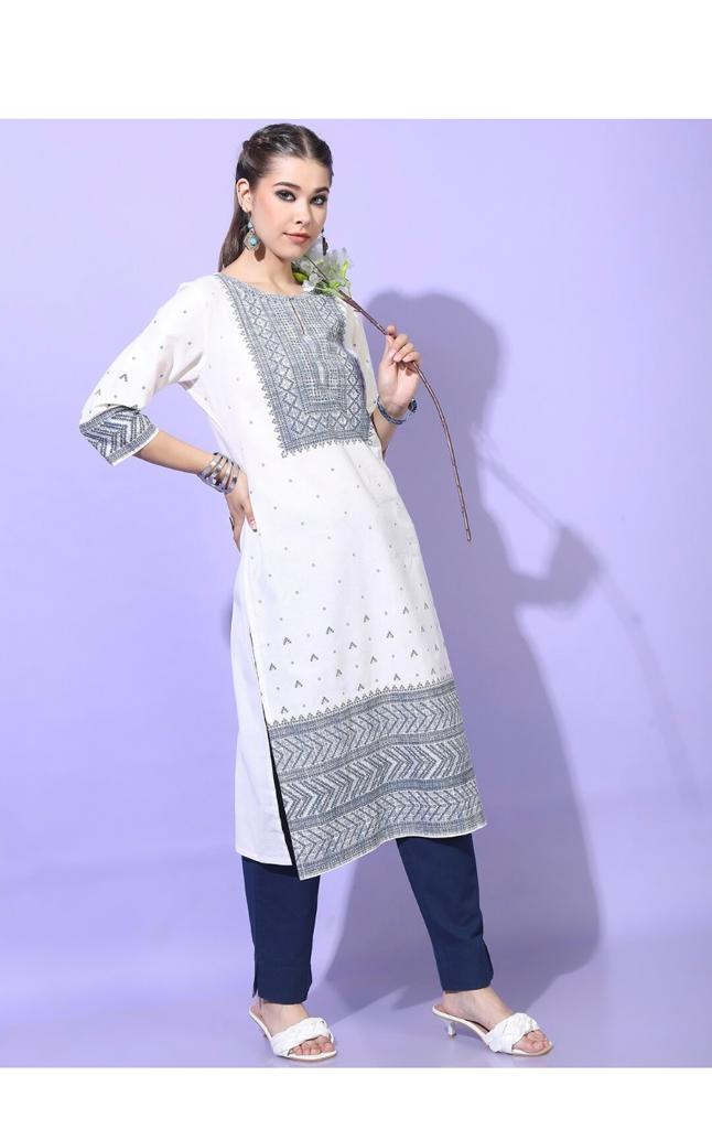 Maai Rayon Hand Printed Kurta White | Grab2Buy