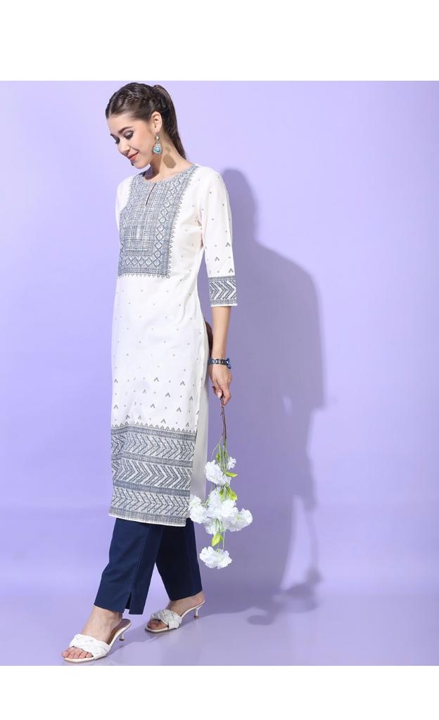 Maai Rayon Hand Printed Kurta White | Grab2Buy