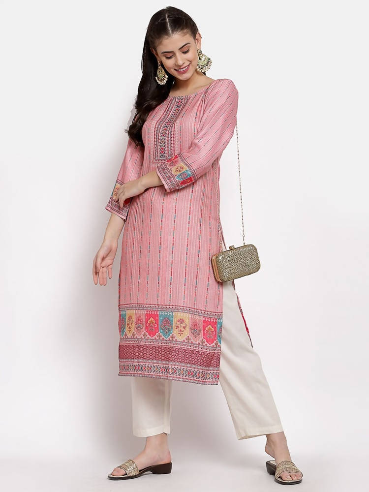 Myshka Women's Traditional Multi Cotton Printed 3/4 Sleeve Round Neck Casual Kurta | Grab2Buy