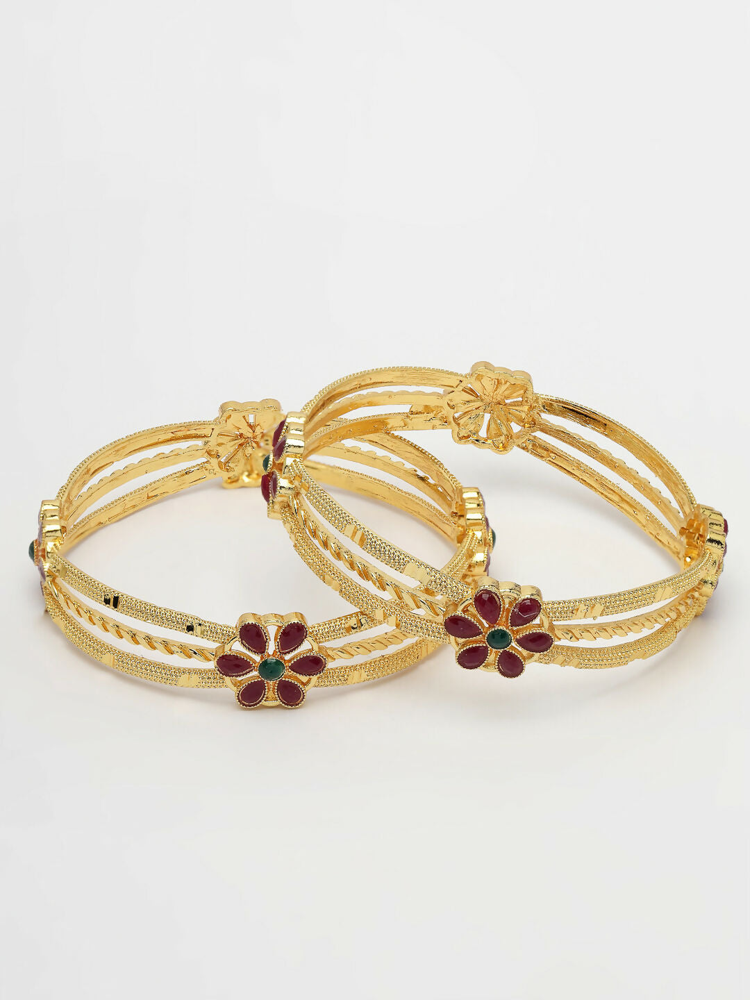 NVR Women's Set of 2 Gold-Polished Artificial Stones Handcrafted Traditional Bangles