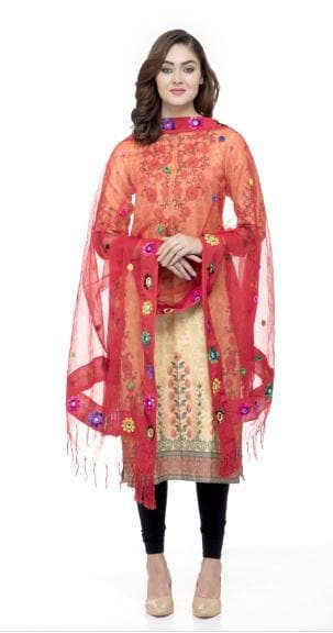 A R Silk Women's Orgenza Cotton Thread Work Red Fancy Dupatta | Grab2Buy