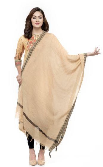 A R Silk Women's Cotton Self Design Golden Regular Dupatta with Black Border | Grab2Buy