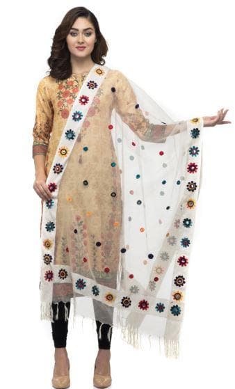 A R Silk Women's Orgenza Cotton Thread Work Cream Fancy Dupatta | Grab2Buy