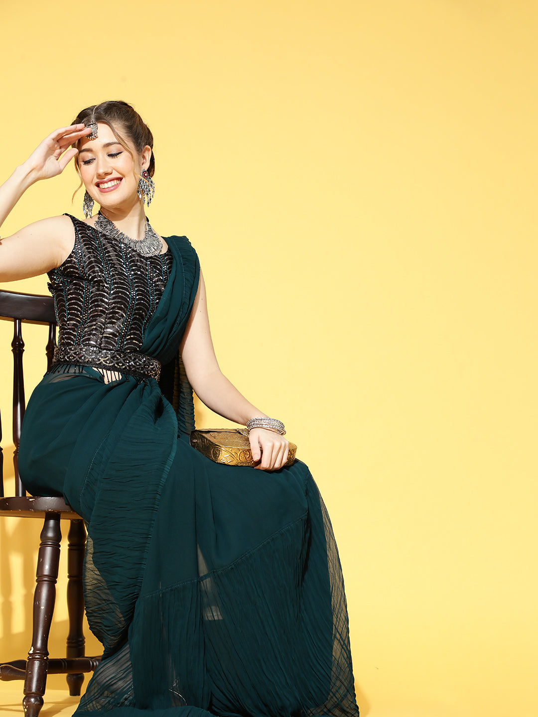 Saree Mall Teal Green & Black Solid Poly Georgette Party Saree with Matching Blouse | Grab2Buy