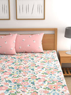 CHHAVI INDIA Pink & Blue Floral 210 TC Bedsheet with Pillow Covers