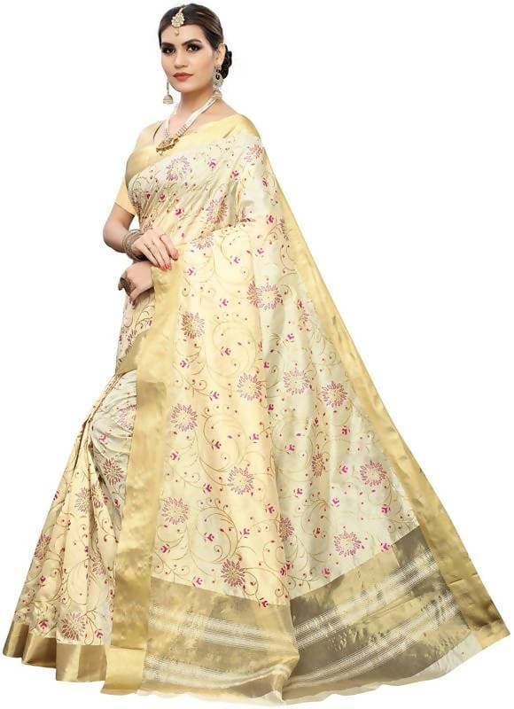 Vamika Weaving Cream Cotton Polyester Silk Saree (Kerala Floral) | Grab2Buy