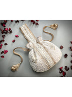 Masq Off White & Gold-Toned Embellished Embroidered Potli Clutch | Grab2Buy