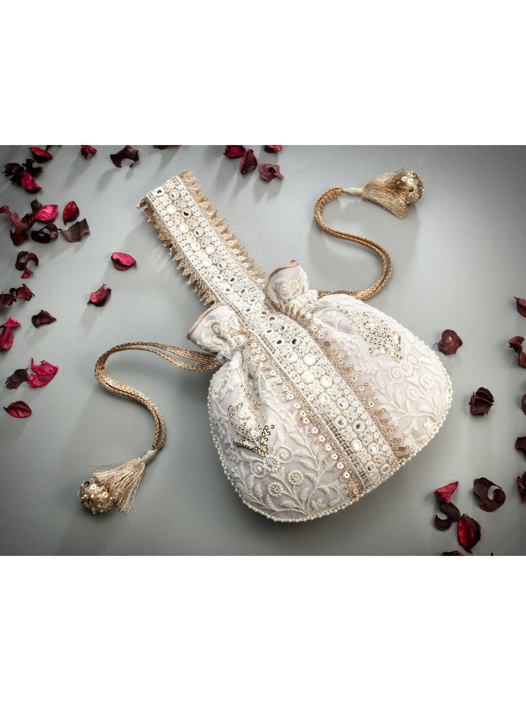 Masq Off White & Gold-Toned Embellished Embroidered Potli Clutch | Grab2Buy