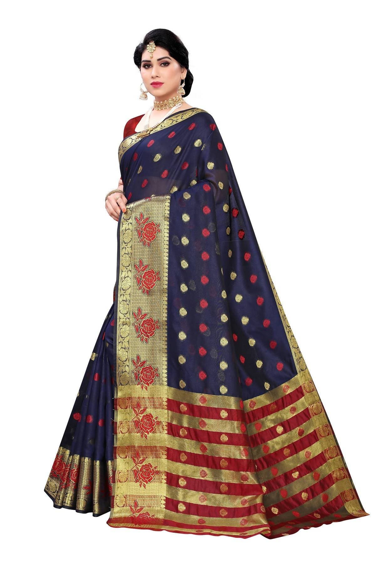 Vamika Banarasi Jaquard Navy Blue Weaving Saree | Grab2Buy