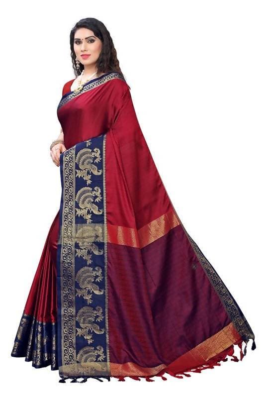 Vamika Banarasi Jacquard Weaving Red Saree (DHONI RED) | Grab2Buy