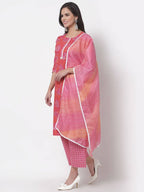 Myshka Women's Cotton Printed 3/4 Sleeve Round Neck Casual Pink Kurta Pant Dupatta Set | Grab2Buy