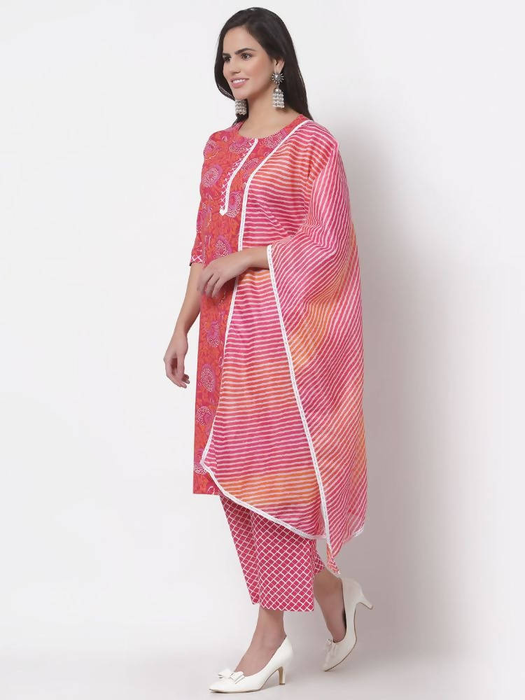 Myshka Women's Cotton Printed 3/4 Sleeve Round Neck Casual Pink Kurta Pant Dupatta Set | Grab2Buy