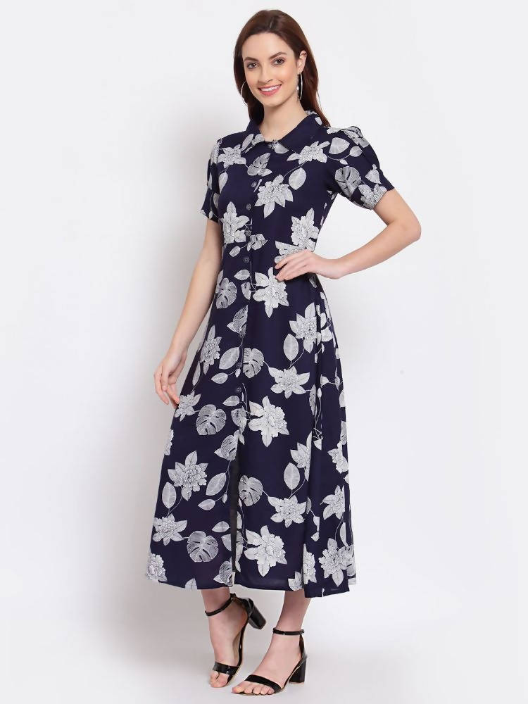 Myshka Women's Navy Blue Printed Cotton Short Sleeve Collar Neck Casual Dress | Grab2Buy