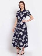 Myshka Women's Navy Blue Printed Cotton Short Sleeve Collar Neck Casual Dress | Grab2Buy