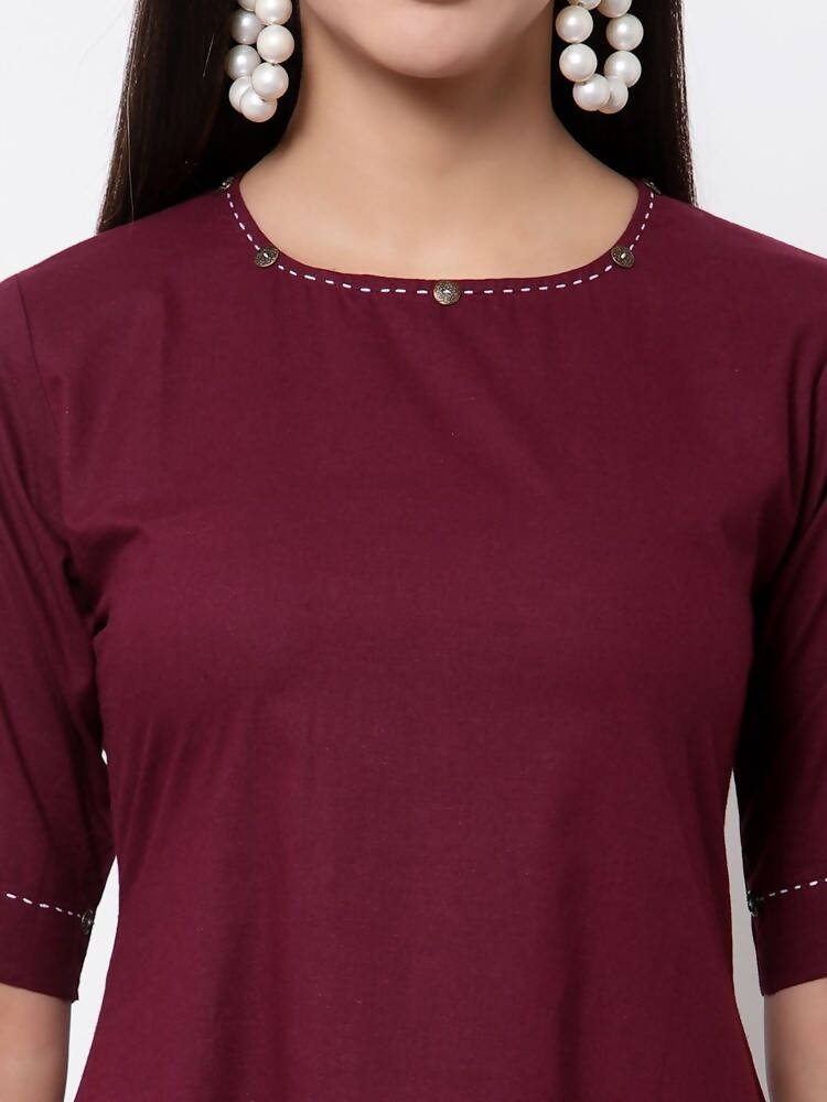 Myshka Women's Pure Cotton 3/4 Sleeve Round Neck Casual Maroon Dress | Grab2Buy