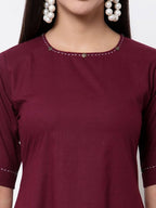 Myshka Women's Pure Cotton 3/4 Sleeve Round Neck Casual Maroon Dress | Grab2Buy