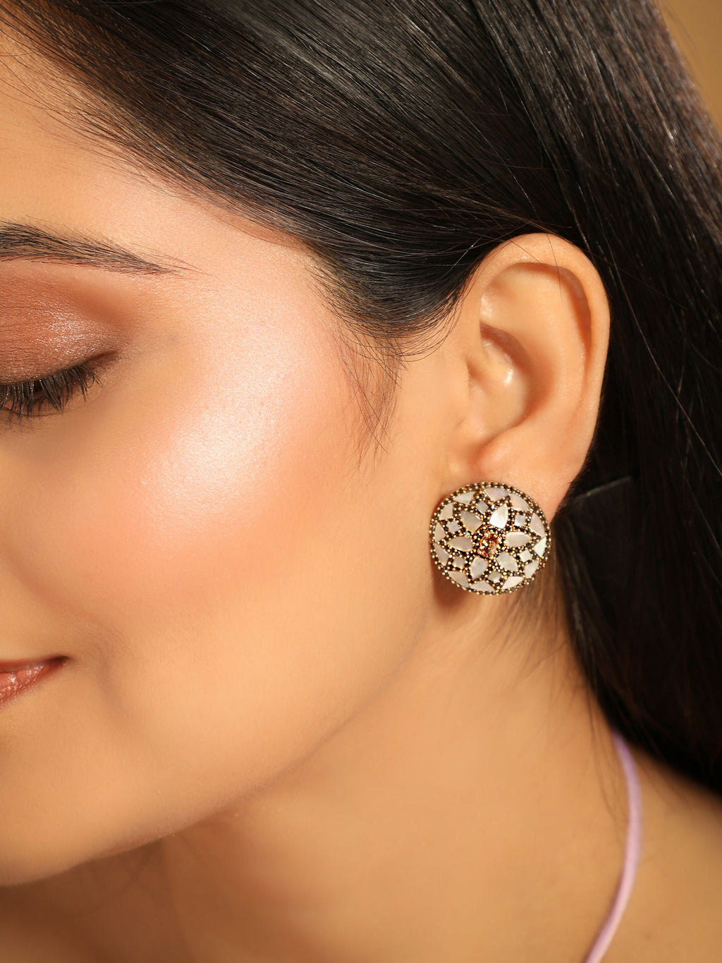 Nuyug 22K Gold Plated Mother of Pearls and Stone Studded Contemporary Floral Shaped Studs | Grab2Buy
