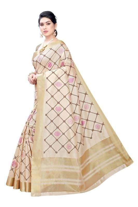 Vamika Weaving Cream Cotton Polyester Silk Saree (KERALA CHECKS) | Grab2Buy