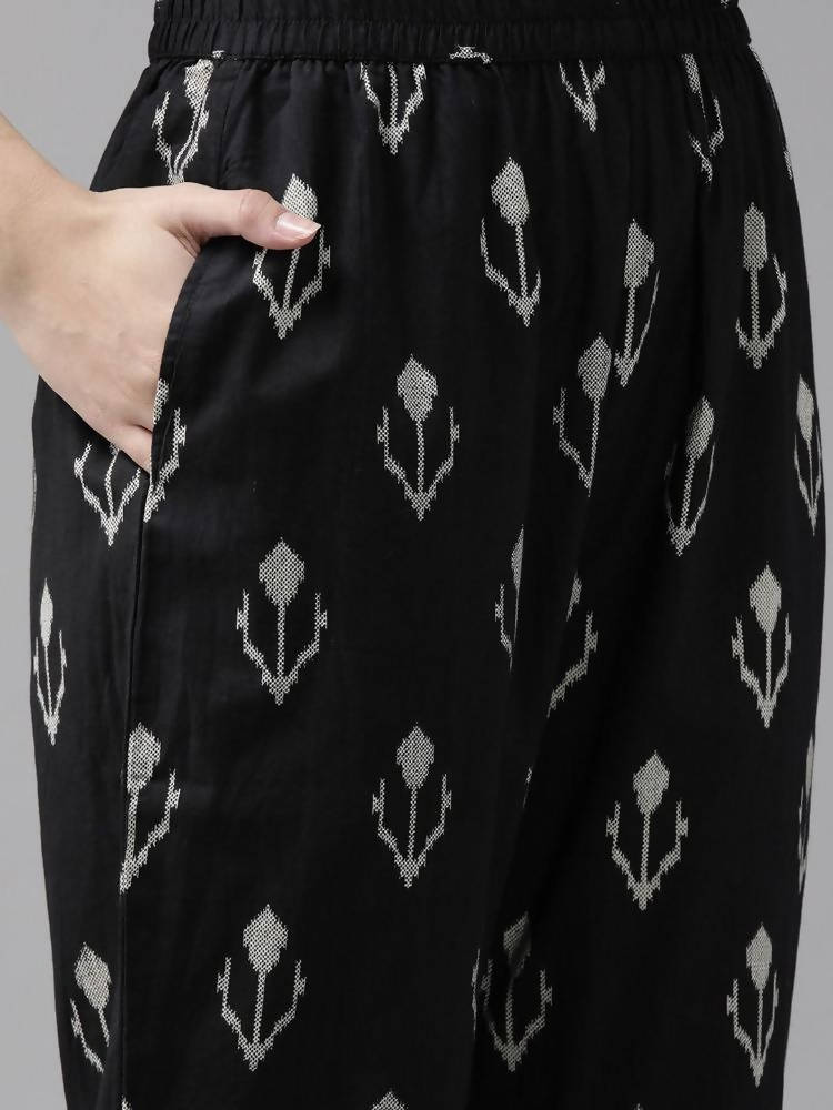 Yufta Black & Off-White Ethnic Screen Print Cotton Straight Kurta Palazzo & Dupatta | Grab2Buy