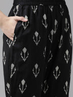 Yufta Black & Off-White Ethnic Screen Print Cotton Straight Kurta Palazzo & Dupatta | Grab2Buy