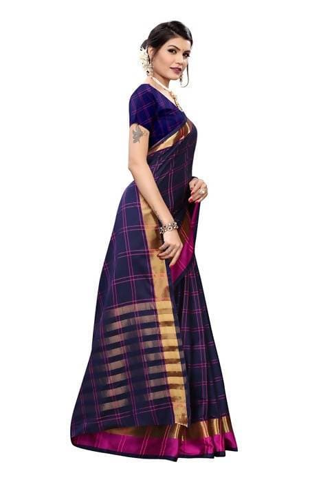 Vamika Navy Cotton Silk Weaving Saree (Rimi Checks Navy) | Grab2Buy