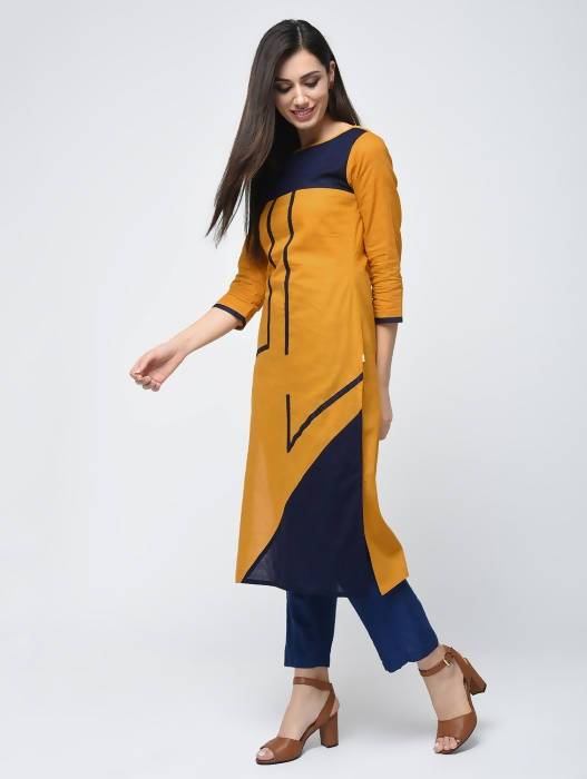 Aniyah Cotton Color Block Straight Kurta In Mustard Color (AN-102K) | Grab2Buy