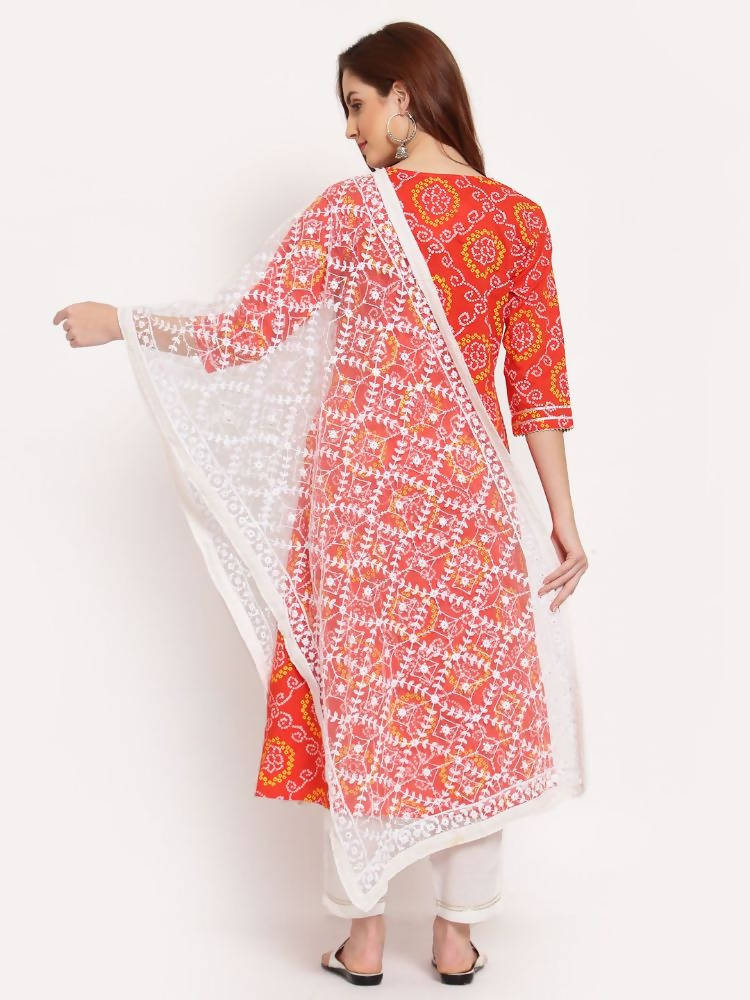 Myshka Women's Orange Printed Cotton 3/4 Sleeve Round Neck Casual Kurta Pant Dupatta Set | Grab2Buy
