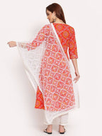 Myshka Women's Orange Printed Cotton 3/4 Sleeve Round Neck Casual Kurta Pant Dupatta Set | Grab2Buy
