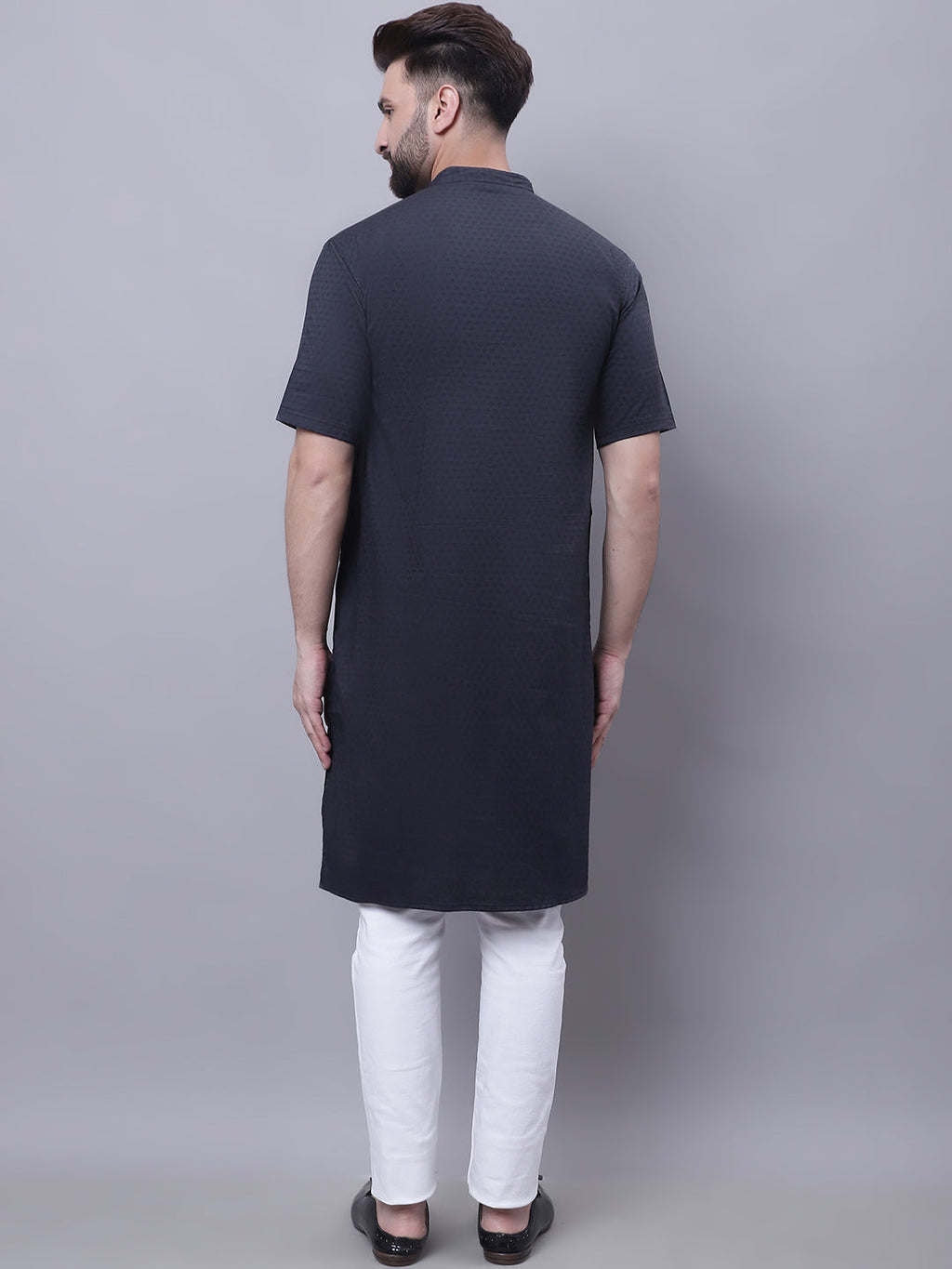 Even Apparels Black Pure Cotton Short Sleeves Kurta With Band Collar | Grab2Buy