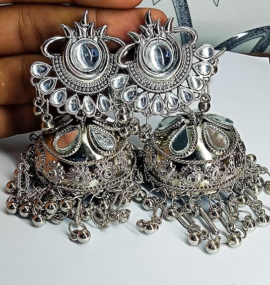 Tehzeeb Creations Women's Silver Colour Oxidised Earrings With Kundan And Mirror Work | Grab2Buy