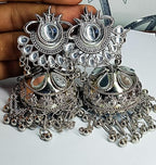 Tehzeeb Creations Women's Silver Colour Oxidised Earrings With Kundan And Mirror Work | Grab2Buy