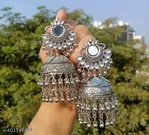 Tehzeeb Creations Women's Silver Colour Oxidised Earrings With Kundan And Mirror Work | Grab2Buy