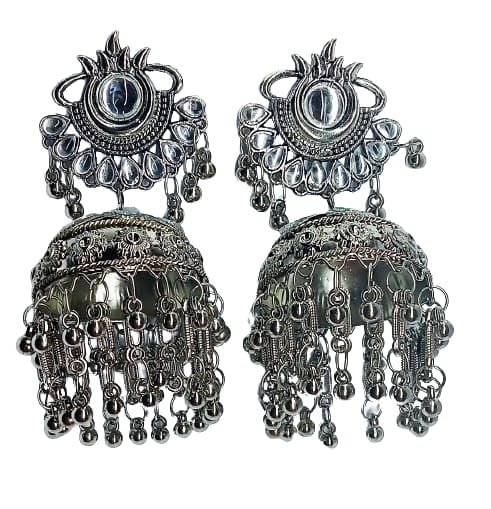 Tehzeeb Creations Women's Silver Colour Oxidised Earrings With Kundan And Mirror Work | Grab2Buy