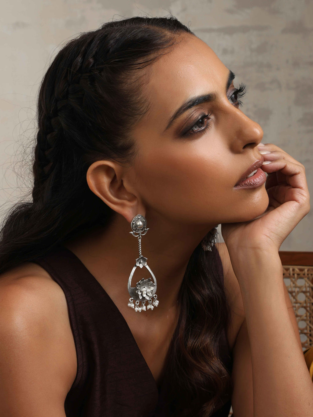 trueBrowns Silver Tone Floral Chandbaali Earrings | Grab2Buy