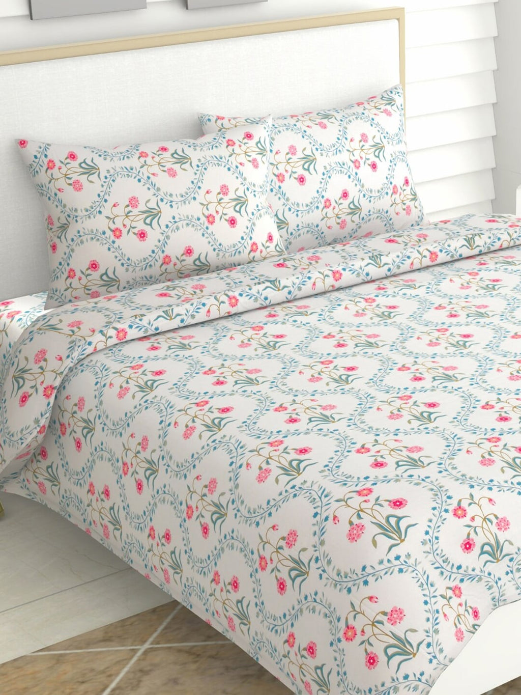 haus & kinder Blossoms Pink & White 186 TC Cotton Queen Bedsheet With 2 Pillow Covers | Grab2Buy