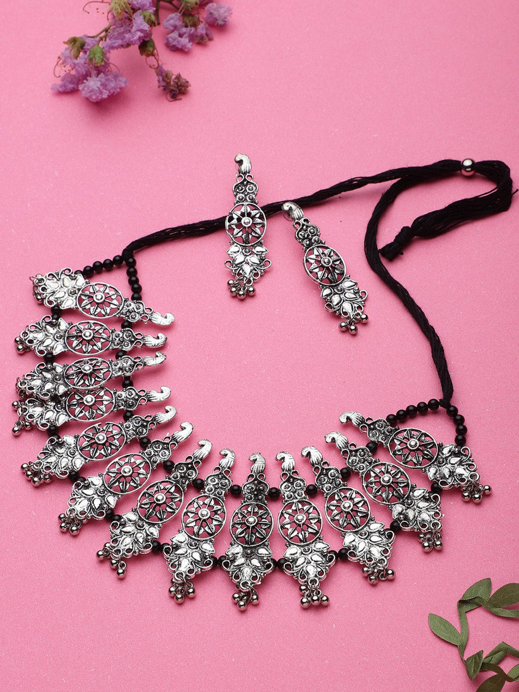 Cardinal Oxidised Silver-Plated Stone-Studded & Beaded Jewellery Set | Grab2Buy