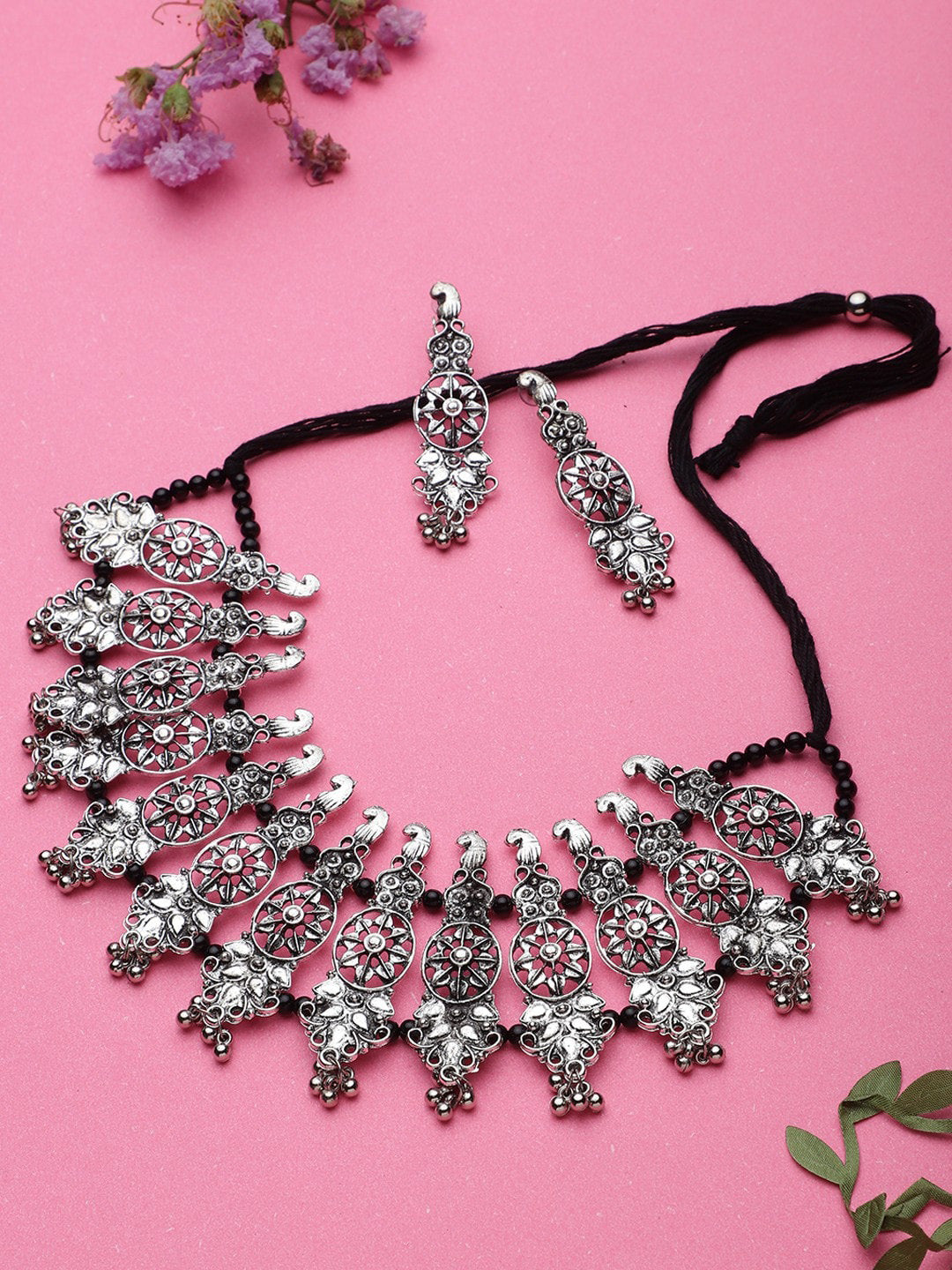 Cardinal Oxidised Silver-Plated Stone-Studded & Beaded Jewellery Set | Grab2Buy