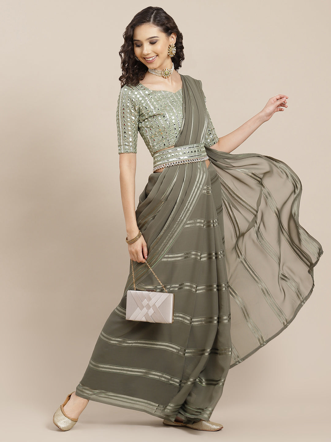 Saree Mall Taupe Striped Leheriya Saree With Belt | Grab2Buy