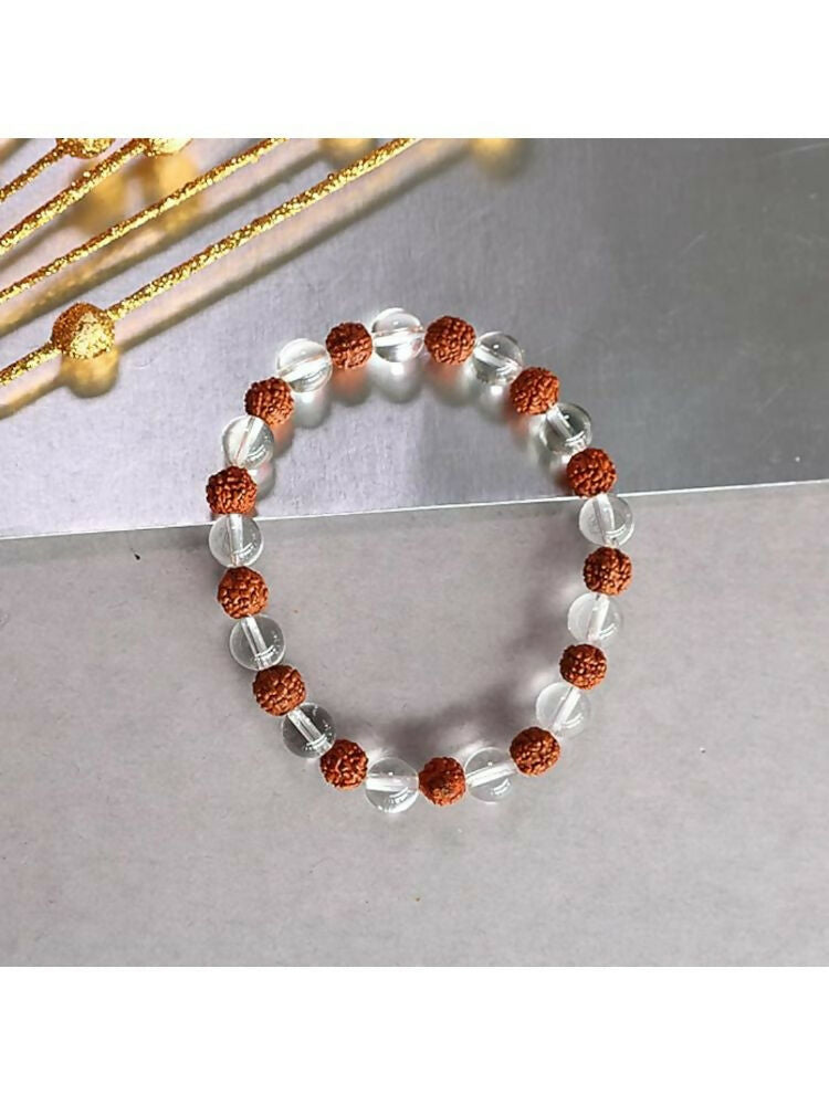 NVR Natural Rudraksha & Quartz Beaded Stretchable Bracelet | Grab2Buy