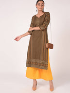 Cheera Hand Block Print Earth Brown Straight Kurta (MAAI-060K) | Grab2Buy
