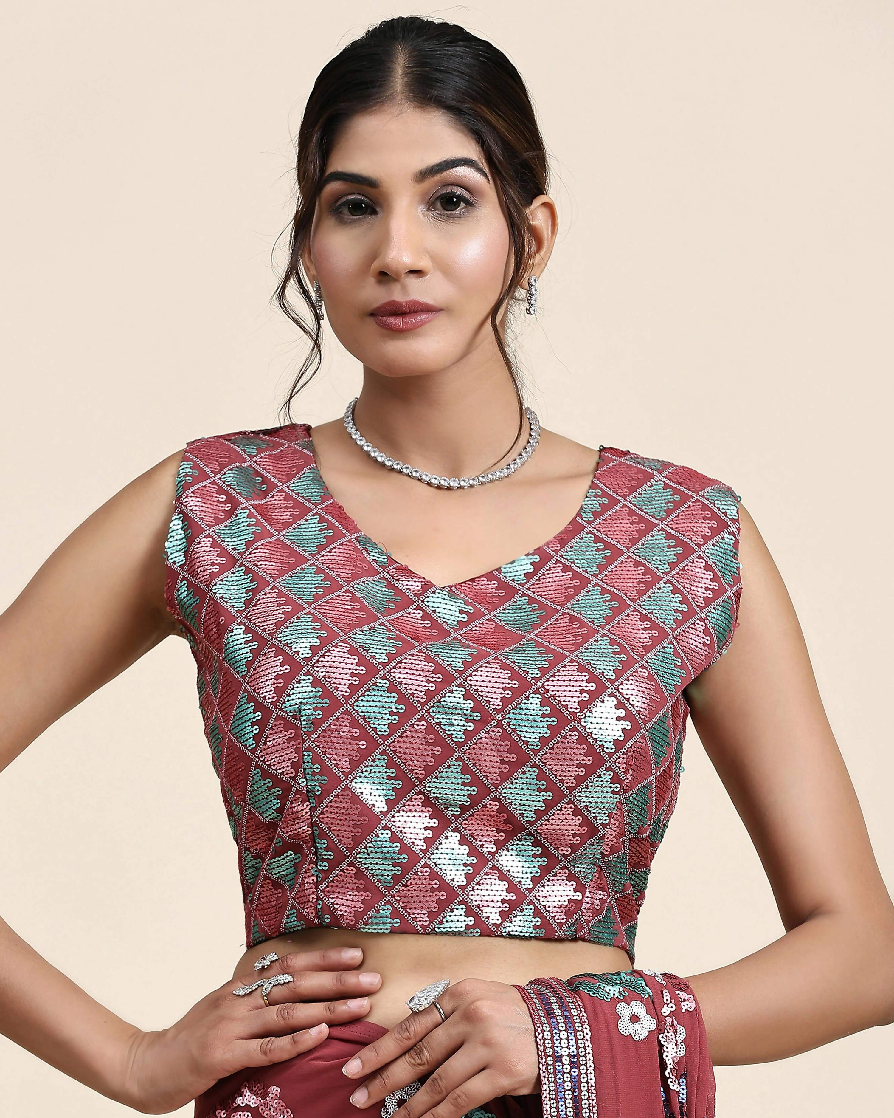 Peach Pure Georgette Sequence work Ready to wear Saree with stitched Blouse - Nirvana | Grab2Buy