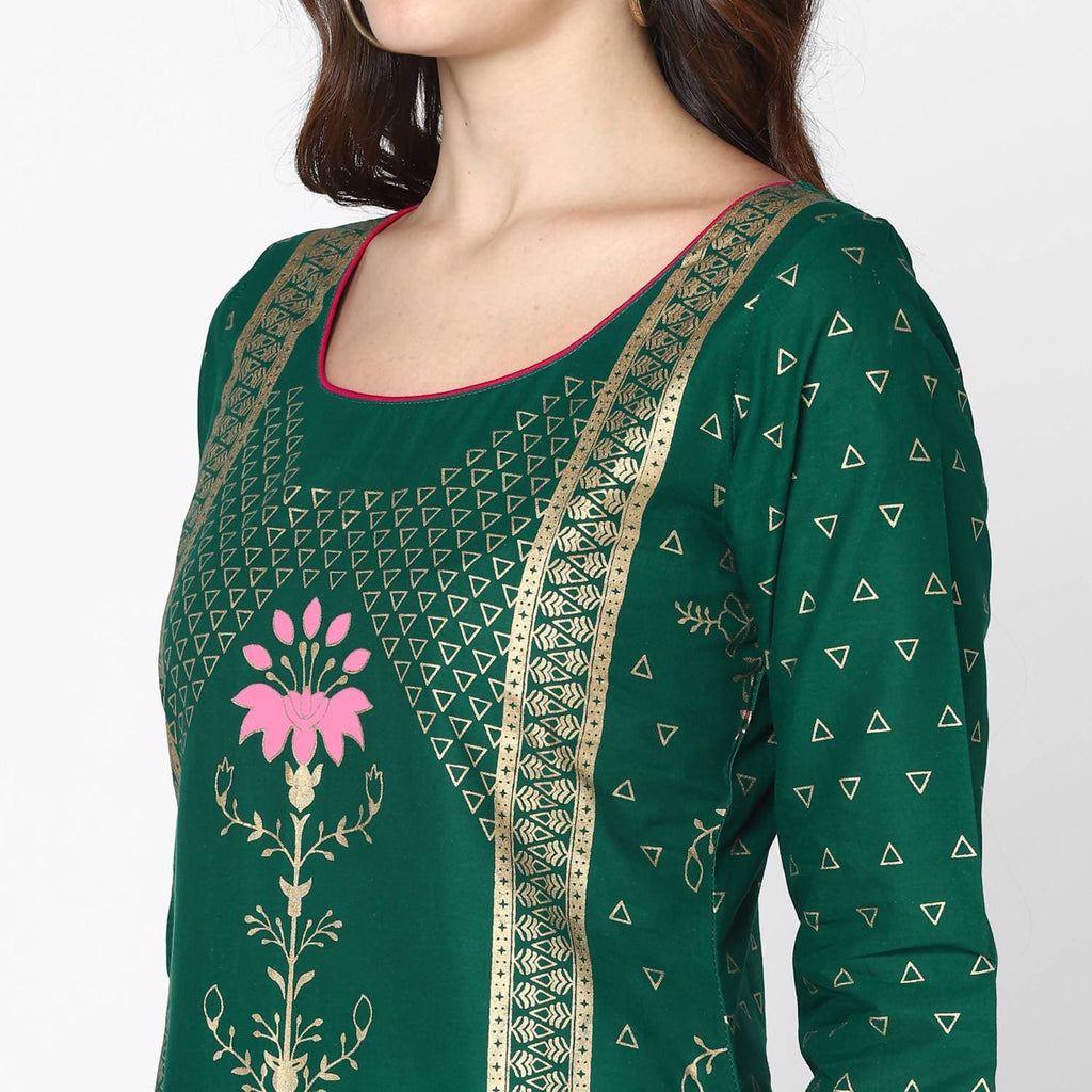 Cheera Hand Block Print Green Straight Kurta (MAAI-063K) | Grab2Buy