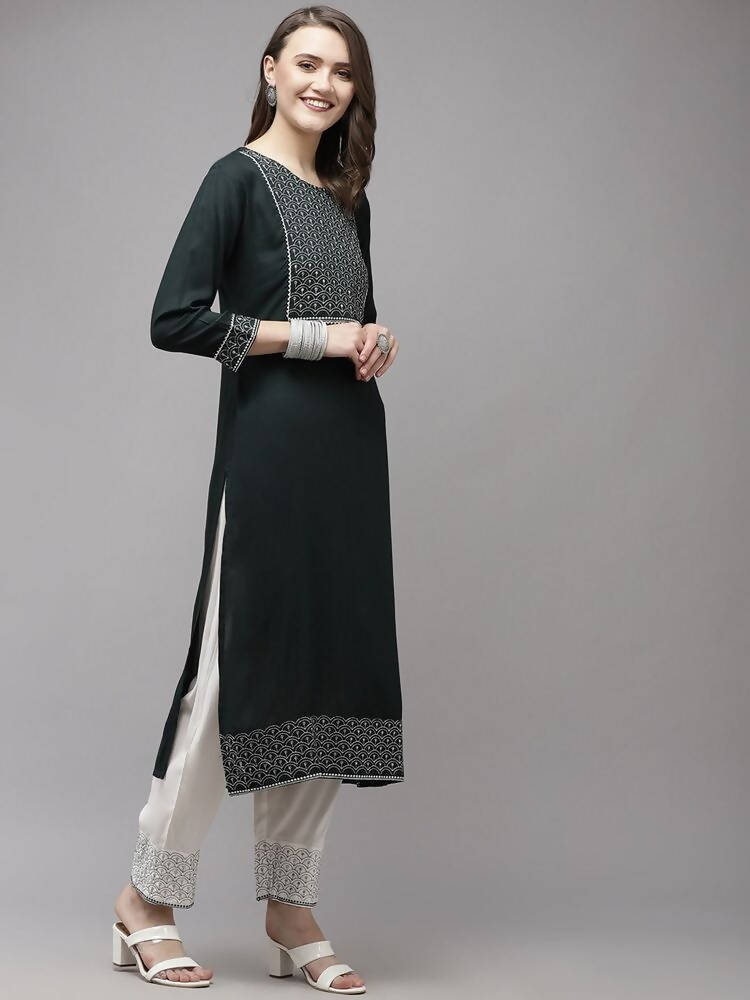 Yufta Women Green Yoke Design Regular Sequinned Kurta with Palazzo & With Dupatta | Grab2Buy
