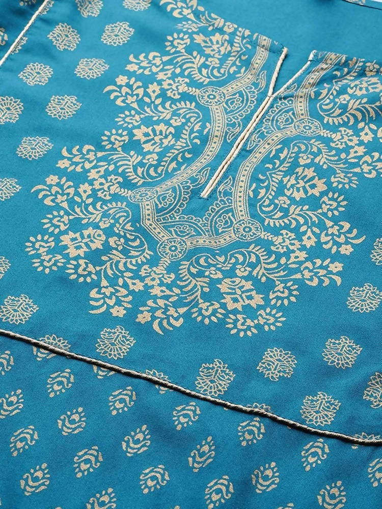 Yufta Women Teal Blue & Golden Printed Kurta with Trouser | Grab2Buy