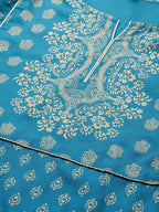 Yufta Women Teal Blue & Golden Printed Kurta with Trouser | Grab2Buy