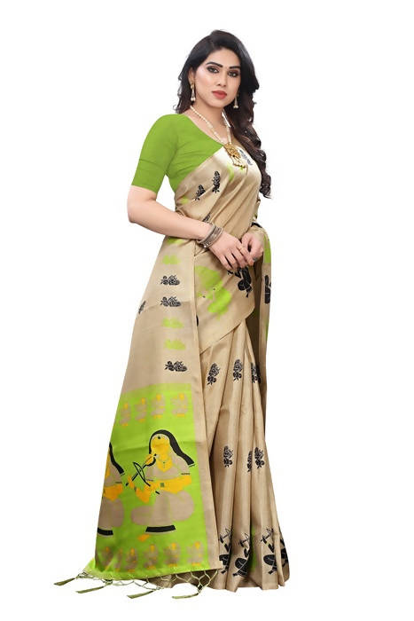 Vamika Brown Kalamkari Print With Jhalar Khadi Silk Saree (SHABRI GREEN) | Grab2Buy