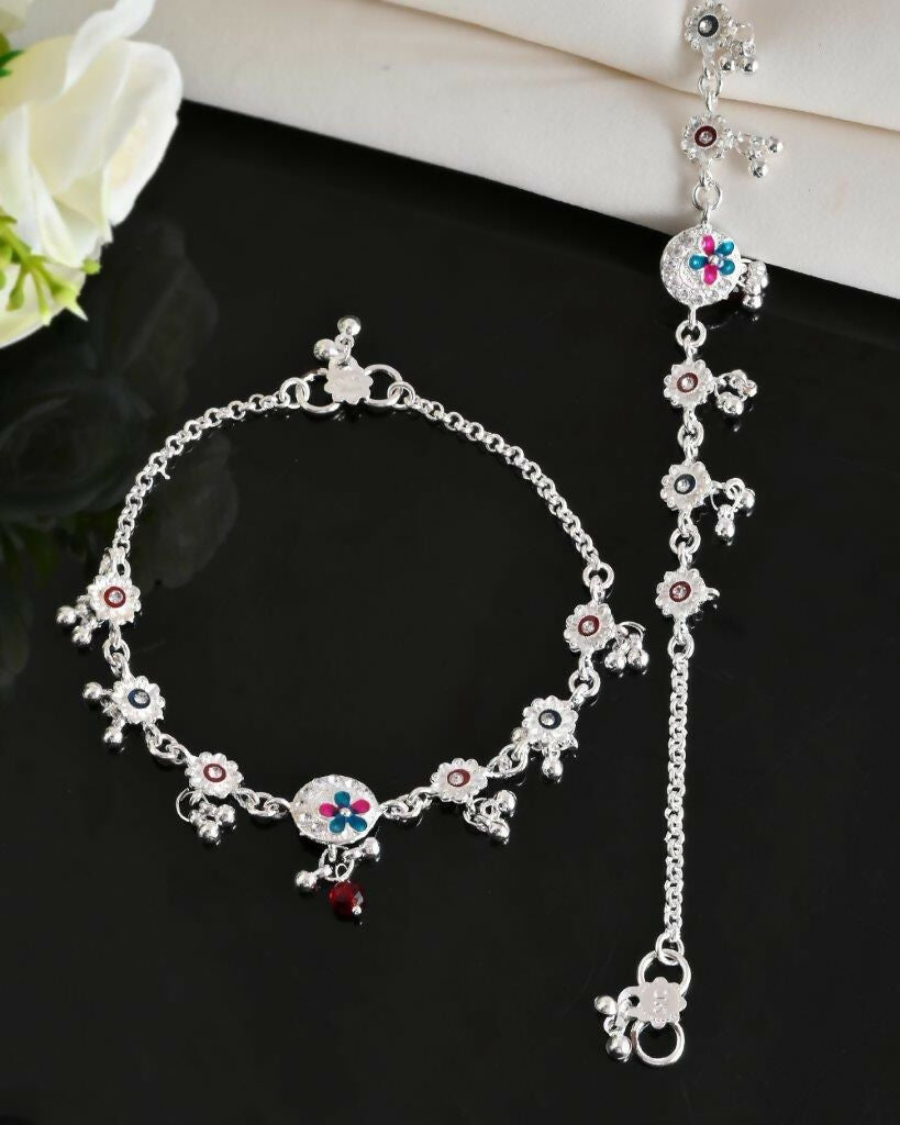 VOJ Set of 2 Stone Studded Circular Shaped Traditional Anklet