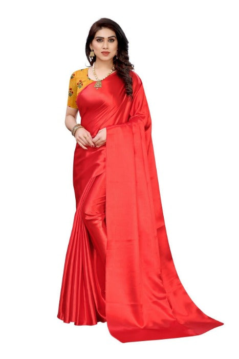 Vamika Plain Red Satin Saree (SATIN GLORY RED) | Grab2Buy