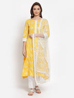 Myshka Women's Yellow Printed Cotton 3/4 Sleeve Round Neck Casual Kurta Pant Dupatta Set | Grab2Buy