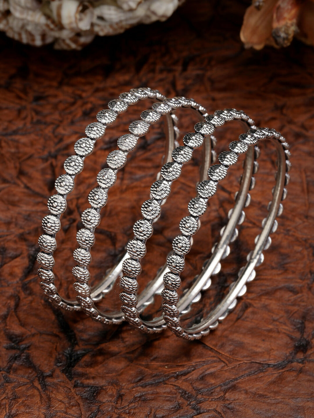 NVR Women's Set of 4 Silver-Toned German Silver Oxidised Bangles | Grab2Buy